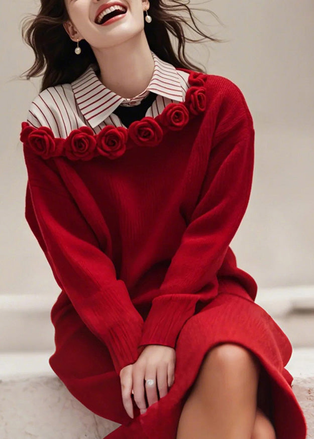 Red Slash Neck Knit Sweater Dress Fall