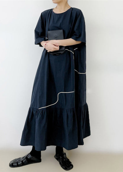 Black O-neck Wrinkled Long Dress Summer