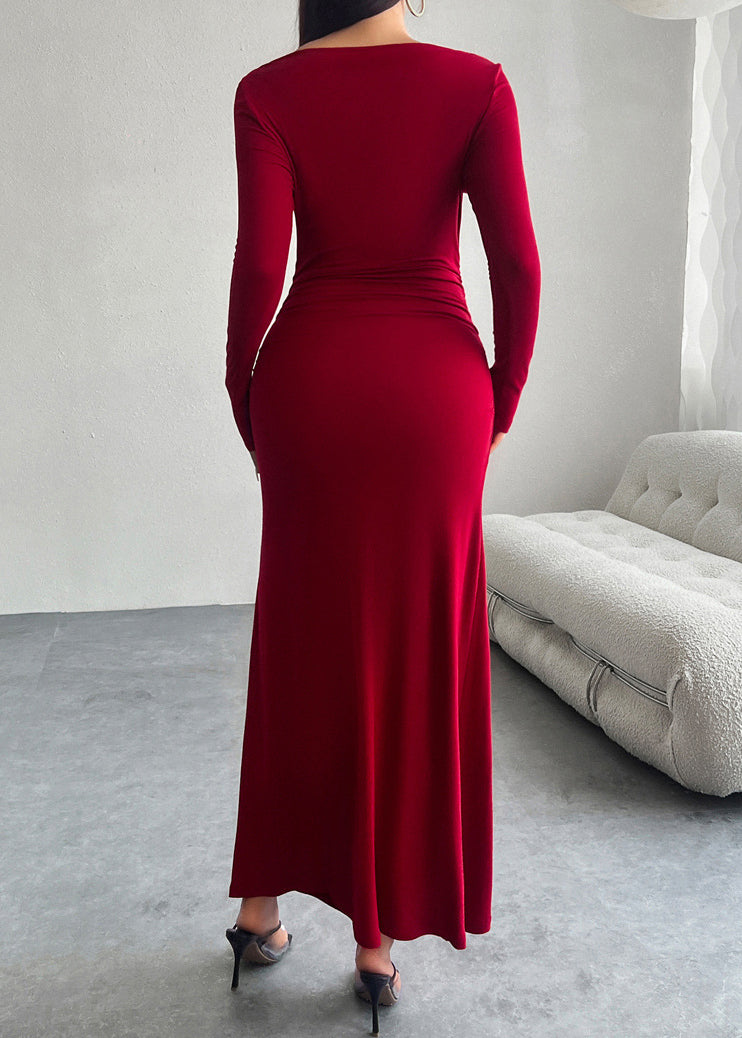 Mulberry Slash Neck Slim Fit Cotton Maxi Dress Spring