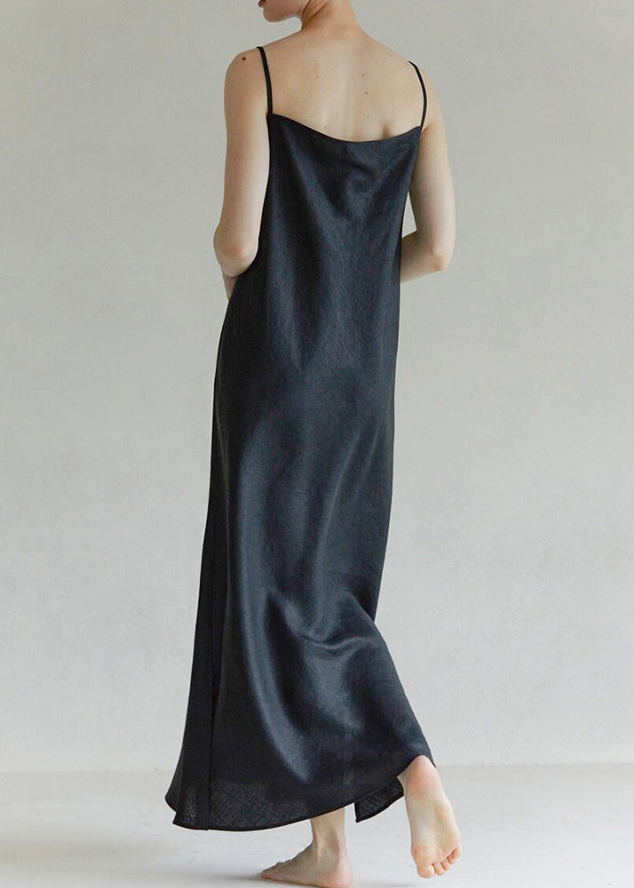 Black V Neck Side Open Linen Spaghetti Strap Dress Summer