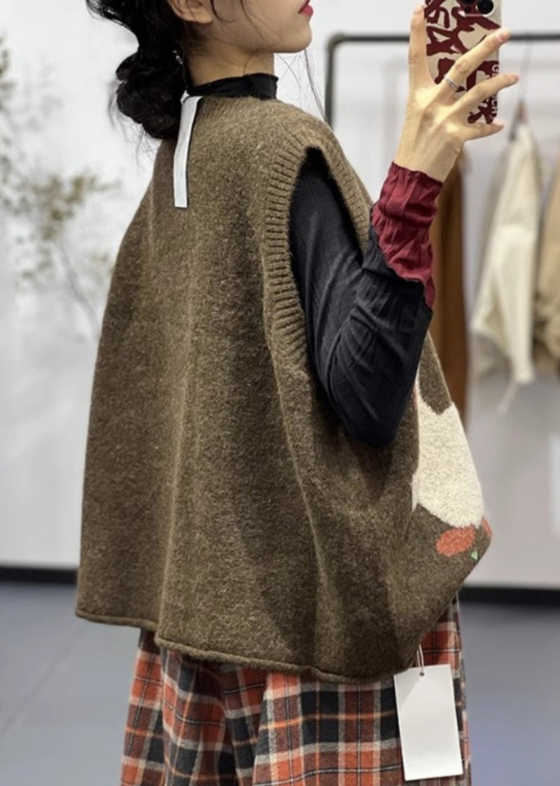 Jacquard Chocolate O-neck Cozy Cotton Knit Waistcoat Sleeveless