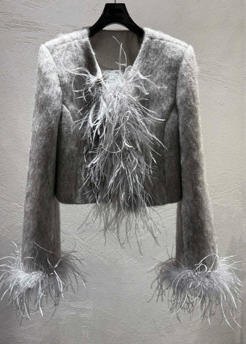 Grey Feather Patchwork Wool Coats Winter