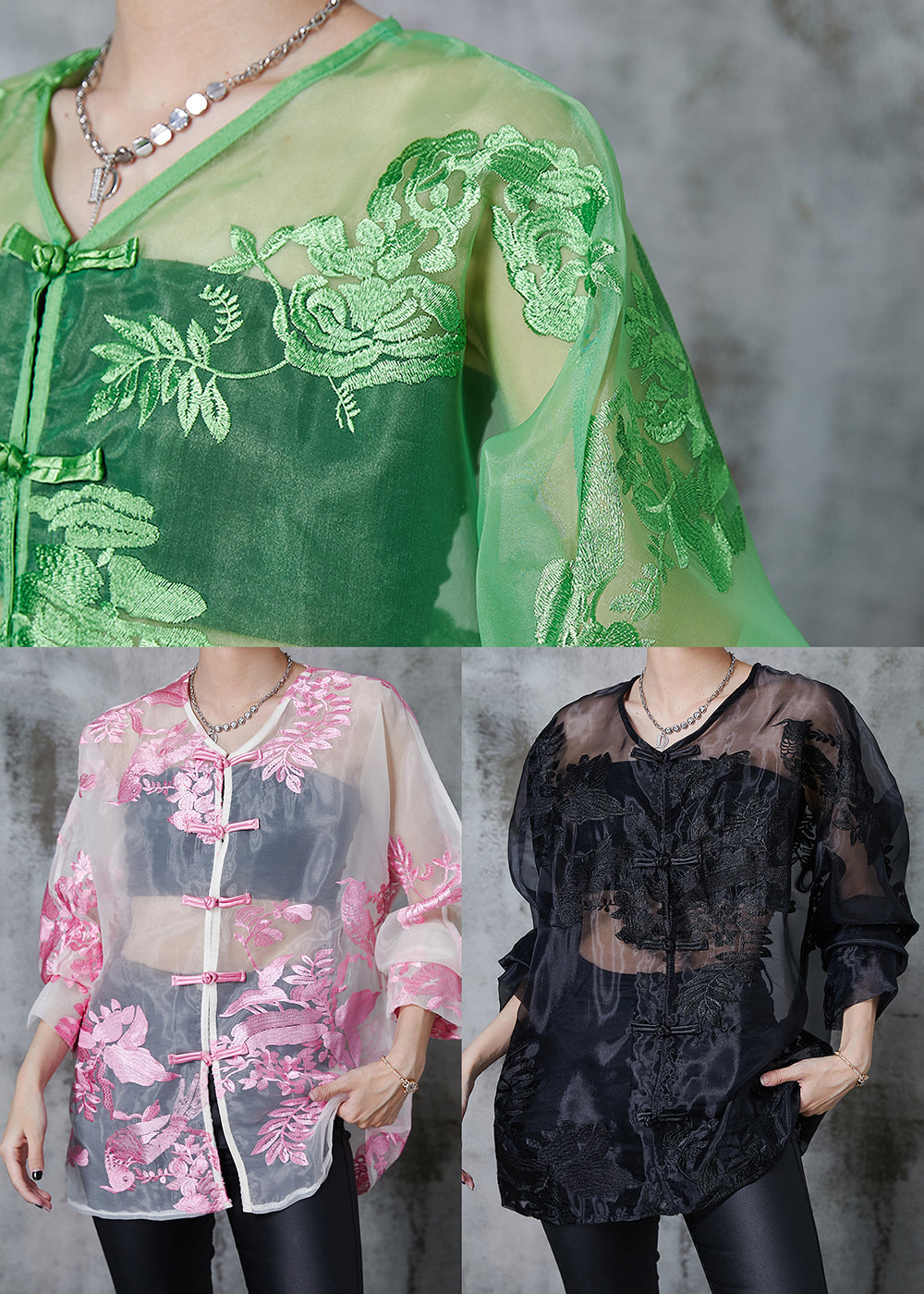 Pink Embroidered Organza Upf 50+ Tops Summer