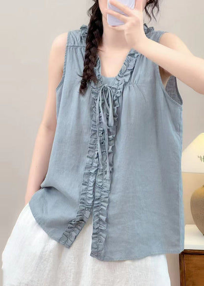 Sky Blue Linen Shirts Ruffled Lace Up Sleeveless