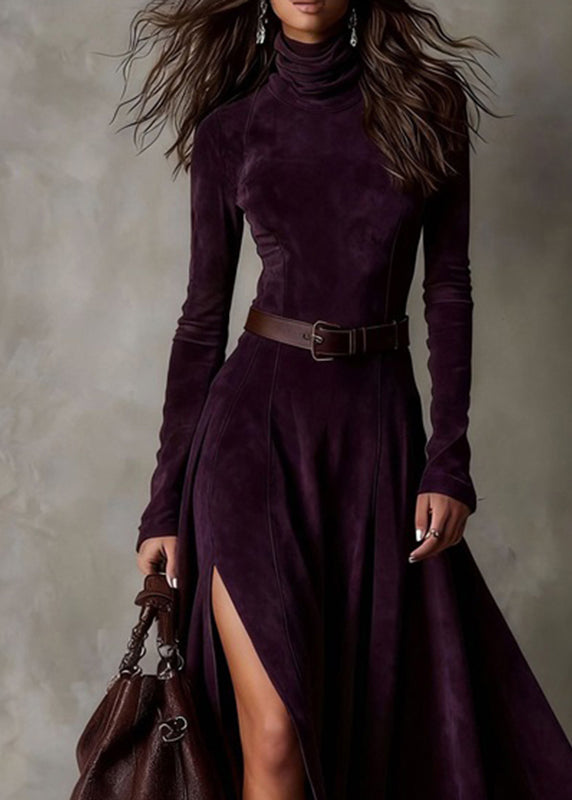 Coffee Patchwork Sashes Side Open Maxi Dresses Spring