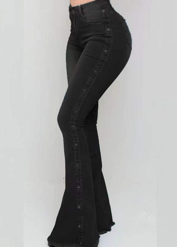 Blue Pockets Patchwork High Waist Denim Flared Trousers Spring