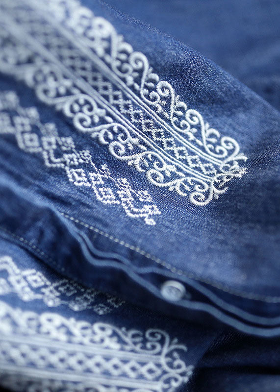 Blue Peter Pan Collar Embroidered Cotton Denim Shirt Top Long Sleeve