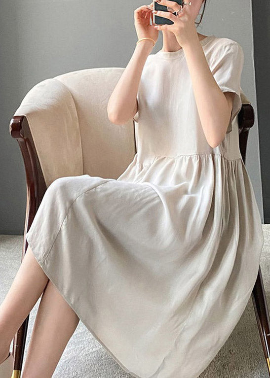Brief Beige O-neck Patchwork Linen Dress Short Sleeve