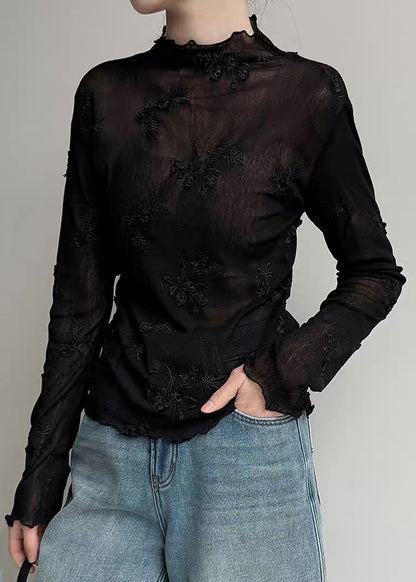Black Stand Collar Patchwork Tulle Shirts Spring