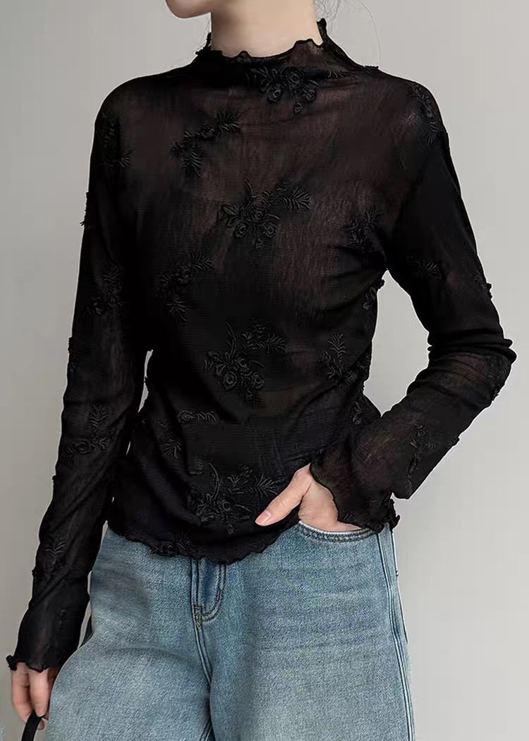 Black Stand Collar Patchwork Tulle Shirts Spring