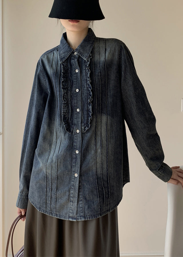 Blue Ruffled Button Denim Shirt Fall