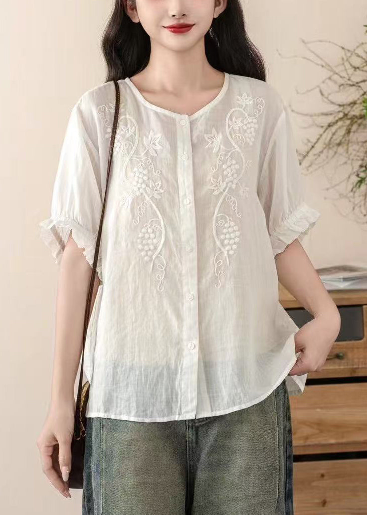 Blue Embroidered Linen Top Summer