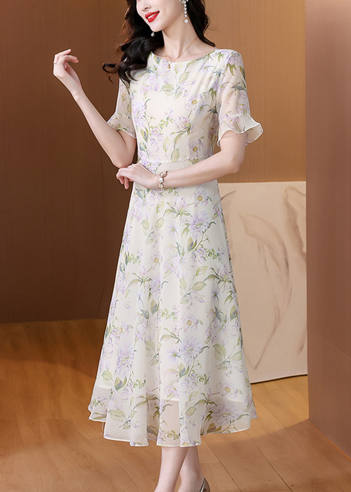 O Neck Print Chiffon Long Dress Summer