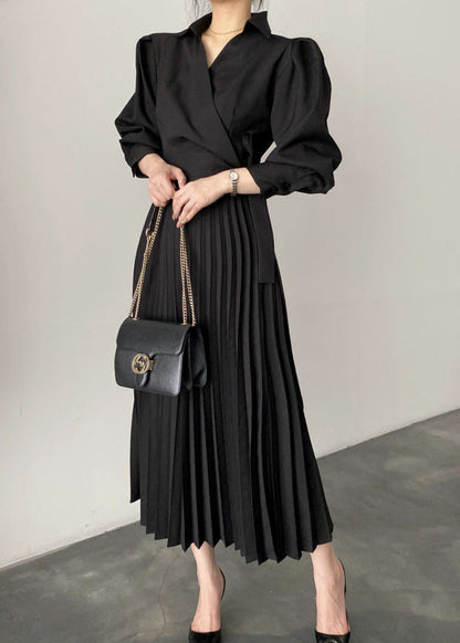 New Beige Puff Sleeve Peter Pan Collar Wrinkled Cotton Long Dress
