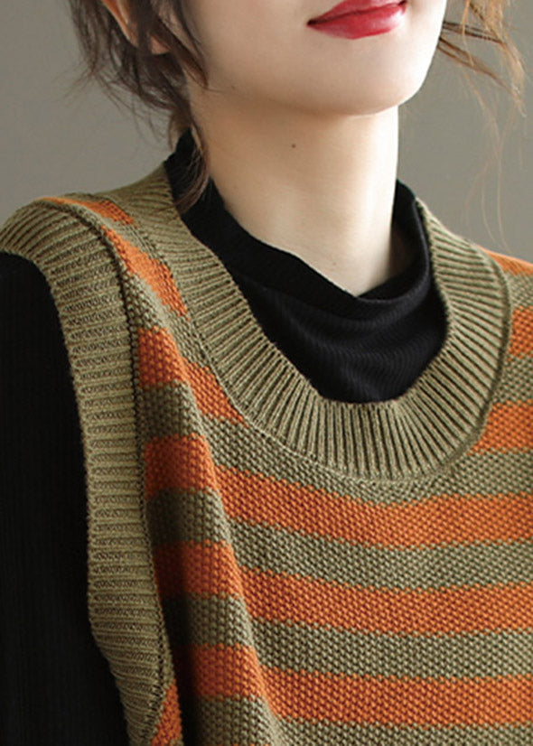 Orange O-neck Striped Knit Beach Vest Sleeveless
