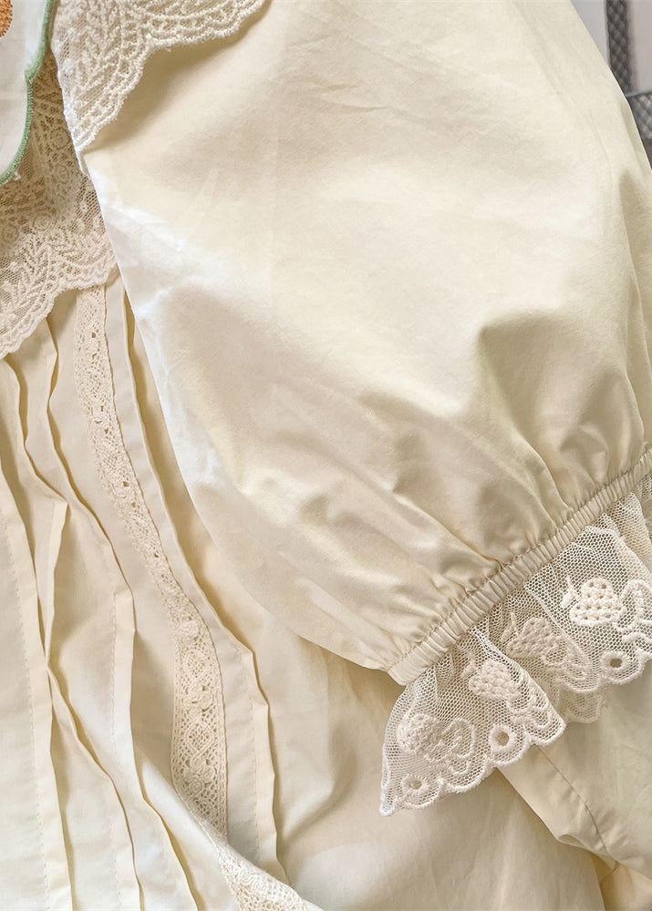 Apricot Peter Pan Collar Embroidered Patchwork Cotton Shirts Summer