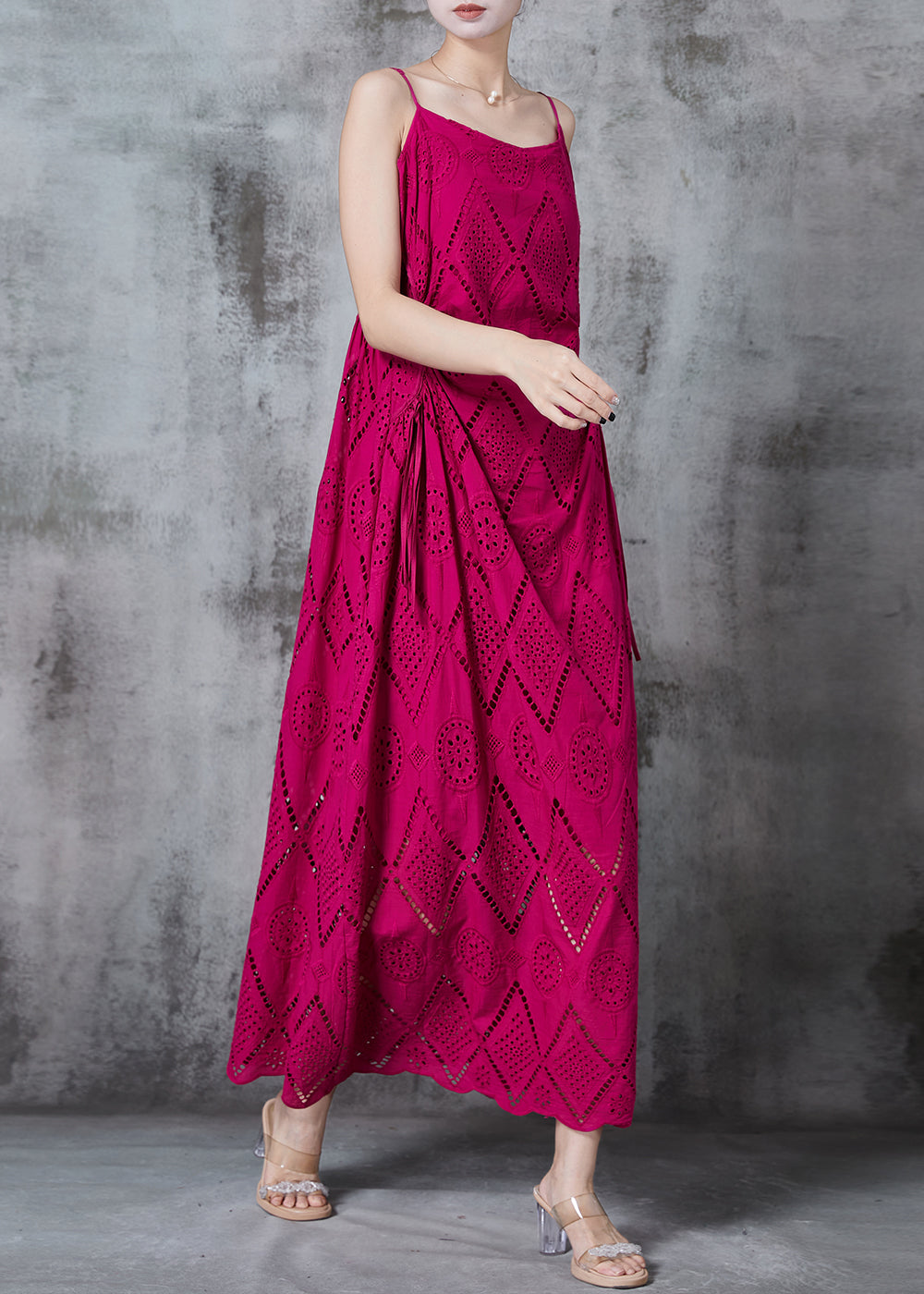 Rose Hollow Out Cotton Spaghetti Strap Dress Summer