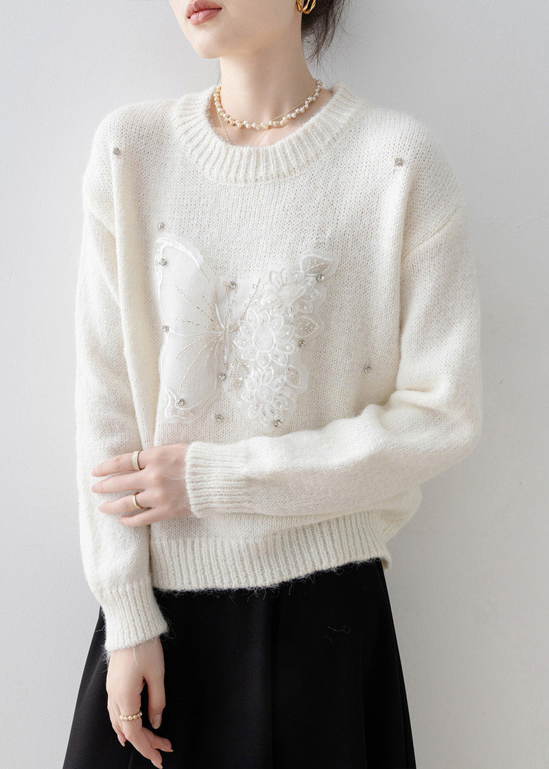 White O Neck Butterfly Zircon Knit Sweater Tops Spring