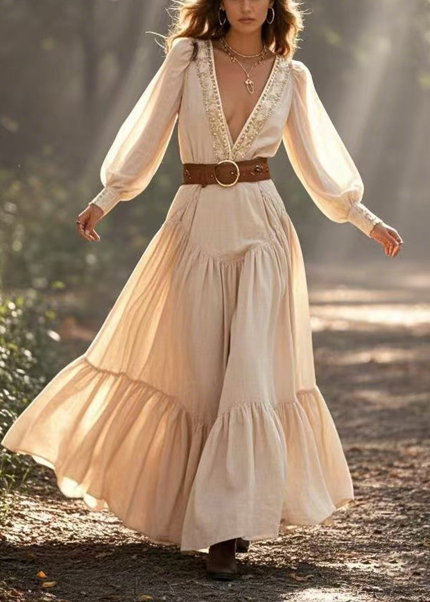 Natural Beige Deep-v Neck Exra Large Hem Cinched Dress Spring