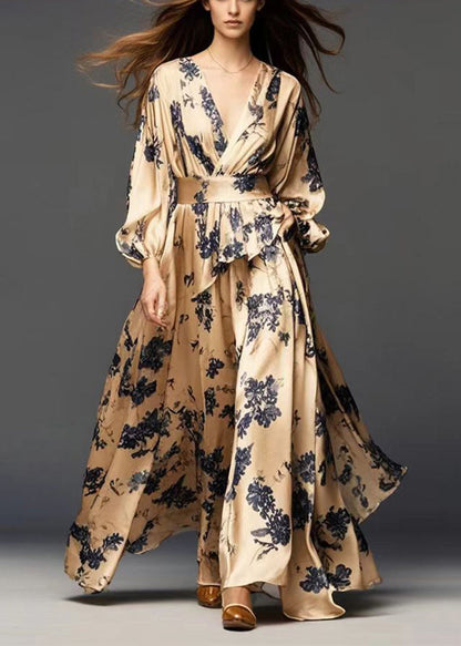Modern Golden Cinched Print Silk Dress Fall