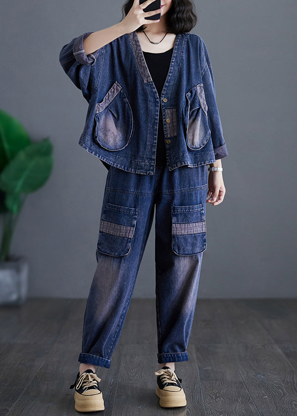 Navy V Neck Patchwork Denim Coats and Harem Pants Two Pieces Sets Long Sleeve
