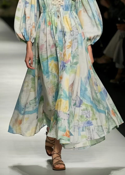 Multicolour Print Exra Large Hem Cotton Dress Puff Sleeve