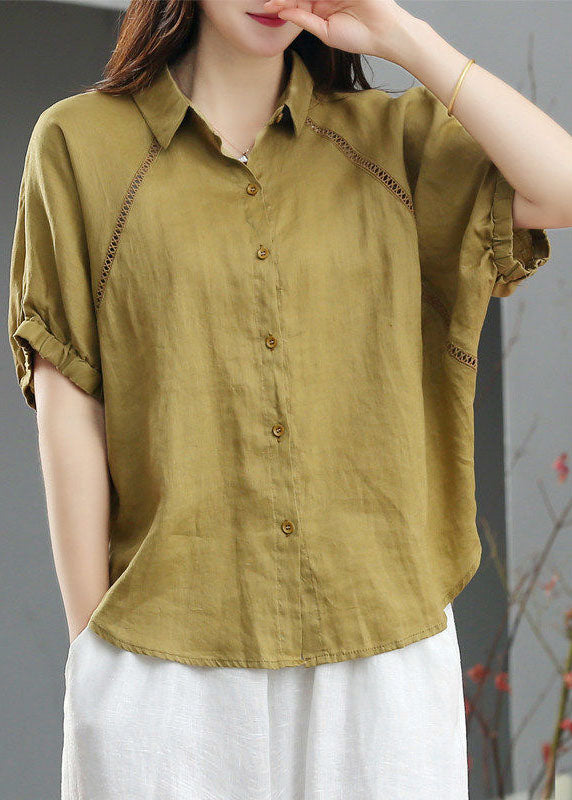 Green Peter Pan Collar Patchwork Button Linen Blouse Tops Short Sleeve