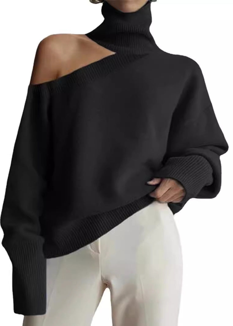 Khaki Hign Neck Cold Shoulder Knit Sweater Fall