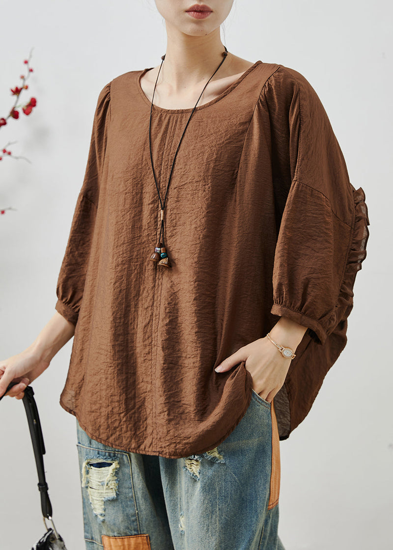 Chocolate Ruffles Cotton Loose Tops Batwing Sleeve