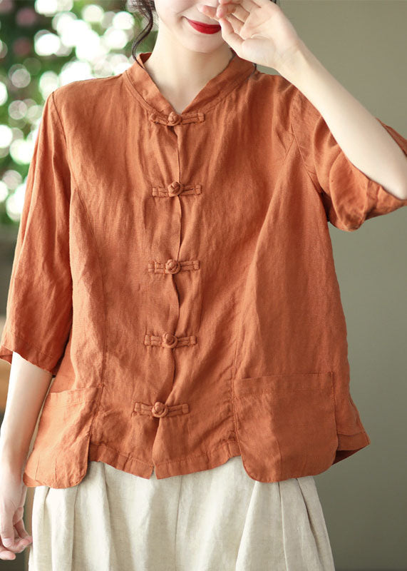 Orange Patchwork Linen Shirt Top Bracelet Sleeve