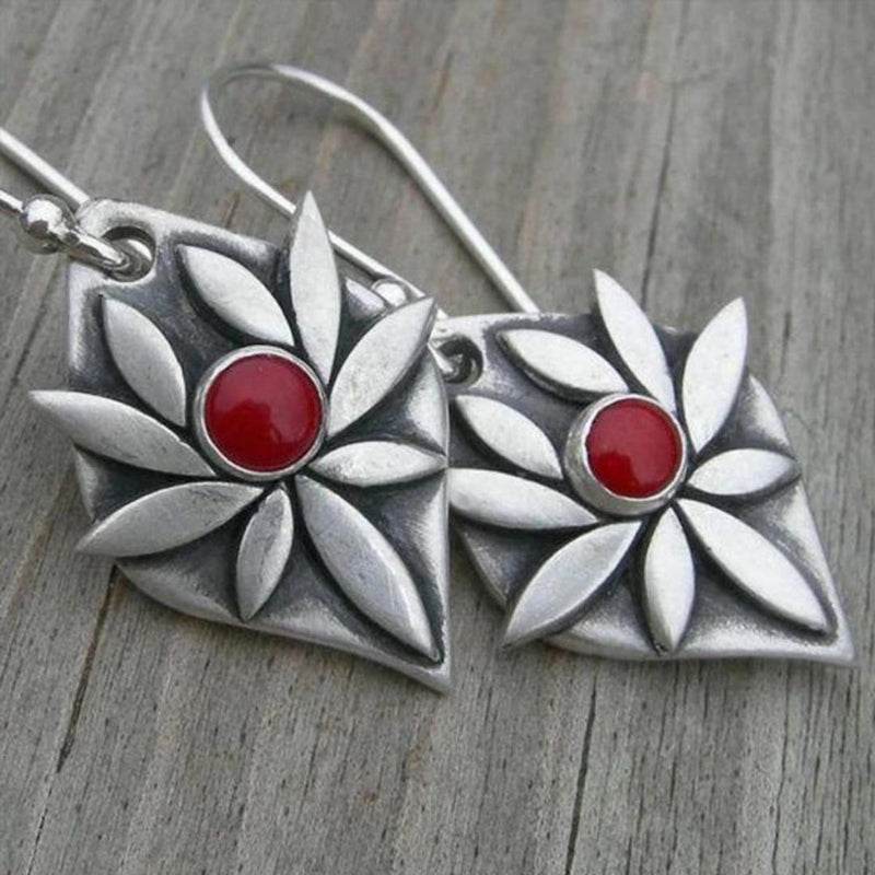 Flower With Red Zirconia Silver Earrings