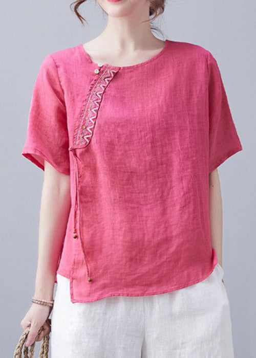 Simple Rose O-neck Asymmetrical Design Embroidered Top Short Sleeve