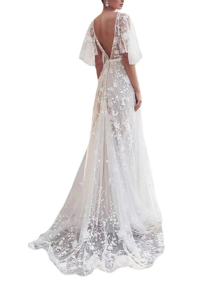 White V Neck Backless Tulle Lace Long Dress Summer