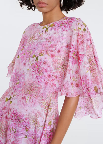 Pink O Neck Print Chiffon Maxi Dresses Butterfly Sleeve