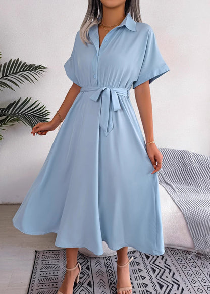 New Army Green Peter Pan Collar Lace Up Chiffon Long Dress Summer