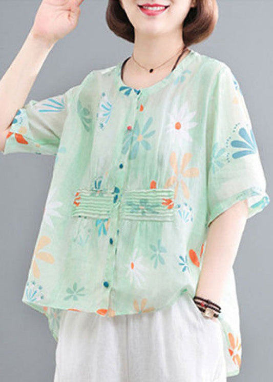Green O-neck Button Wrinkled Print Cotton Shirts Half Sleeve