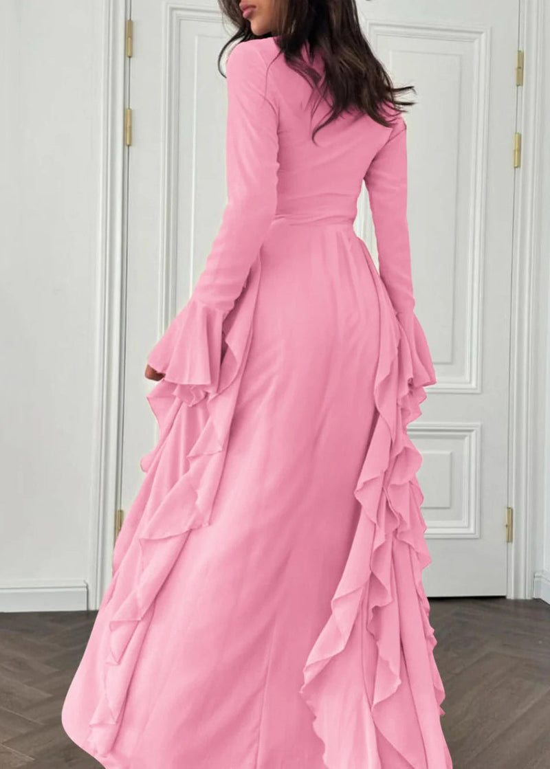 Pink High Waist Chiffon Maxi Dresses Flare Sleeve