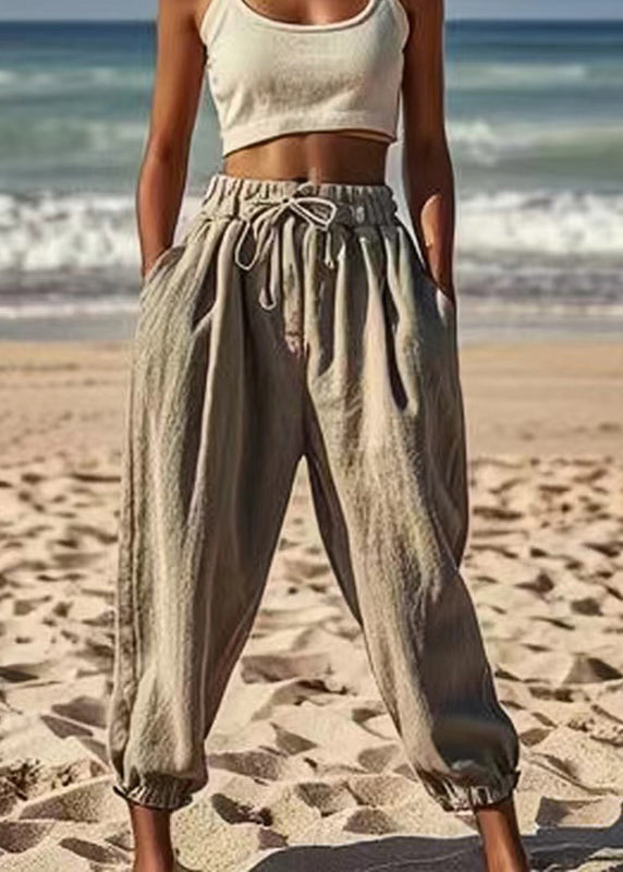 Loose Grey Pockets Elastic Waist Beam Pants