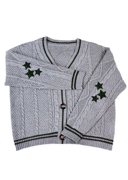 White V Neck Embroidered Knit Cardigan Fall