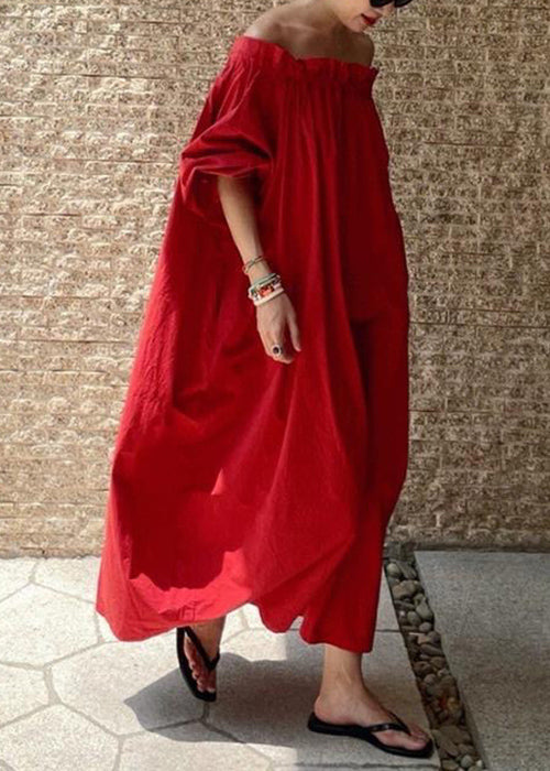 Simple Red Slash Neck Ruffled Cotton Long Dresses Summer