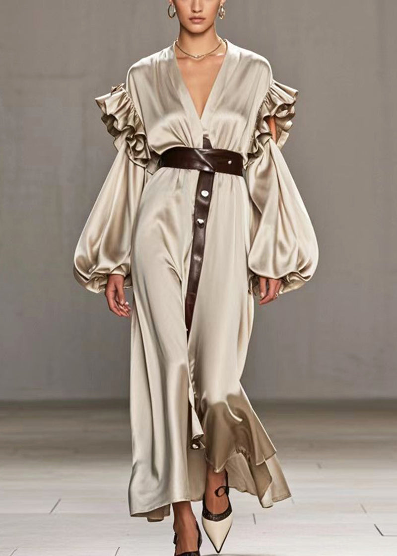 Khaki Ruffled Hollow Out Silk Holiday Dress Lantern Sleeve