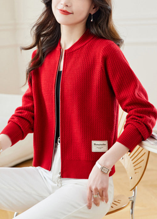 New Red Stand Collar Zip Up Knit Coat Fall