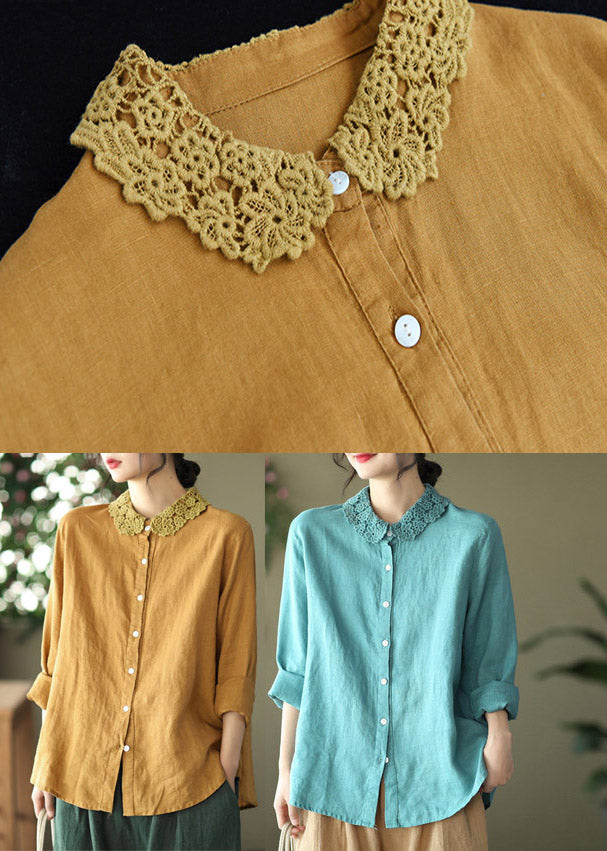 Style Yellow Peter Pan Collar Embroidered Linen Shirts Long Sleeve