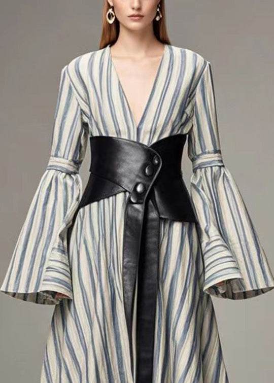Blue Striped Cotton Cinched Dresses Deep-v Neck Flare Sleeve