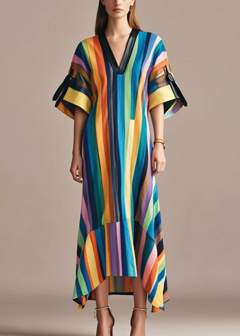 Rainbow V Neck Striped Cotton Long Dress Summer