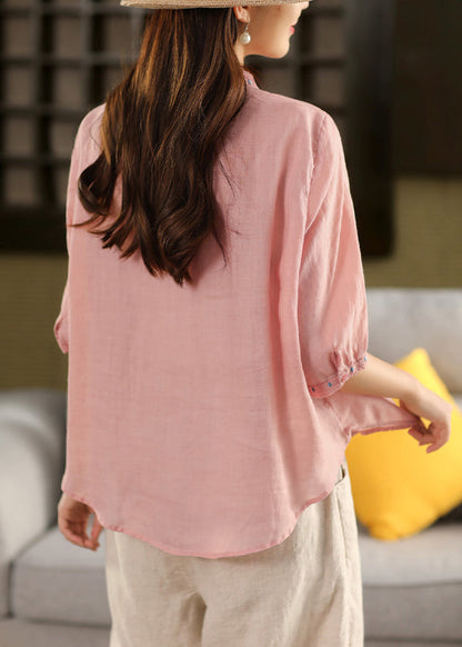Pink Button Linen Blouse Embroidered Summer