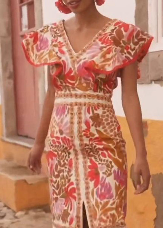 Orange V Neck Print Cotton Long Dresses Butterfly Sleeve
