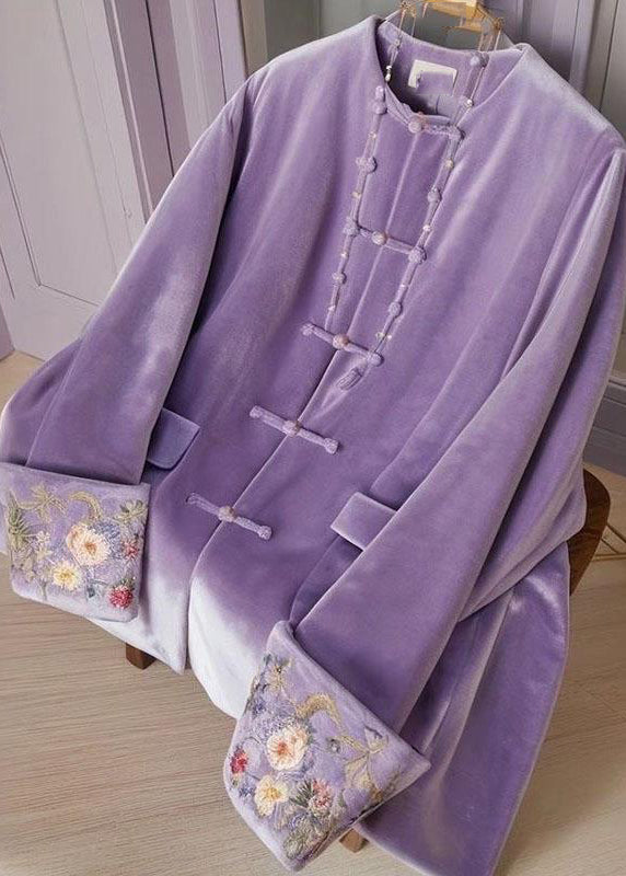 Chinese Style Purple O-neck Embroidered Button Silk Velour Tops Fall
