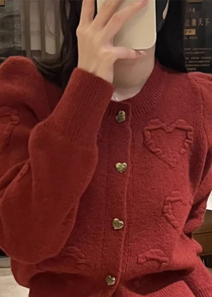 Red O Neck Button Knit Cardigan Fall