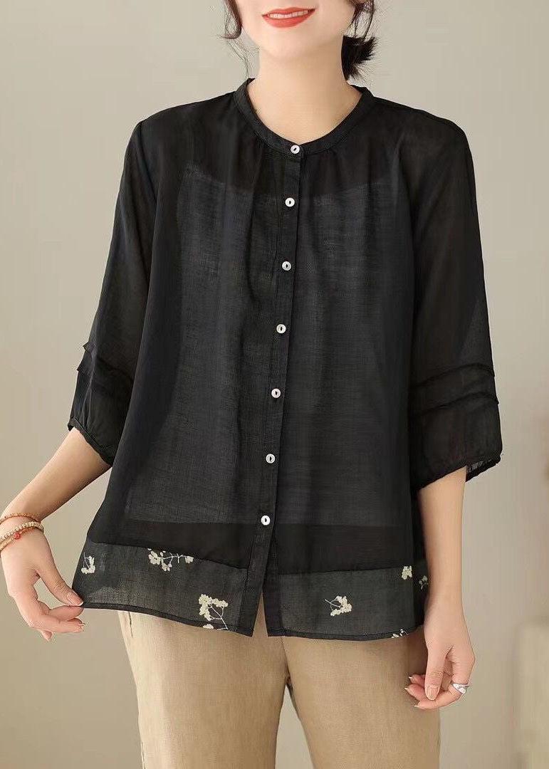 Black Print Patchwork Linen Top Stand Collar Wrinkled Button Summer